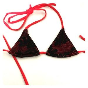 Red with Black soft lace Triangle Bikini top-S